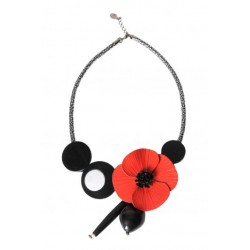 collier en cuir fleur coquelicot et perles en corne